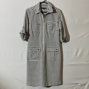 Sharagano dress women’s size 8 P petite gray and white stripe
